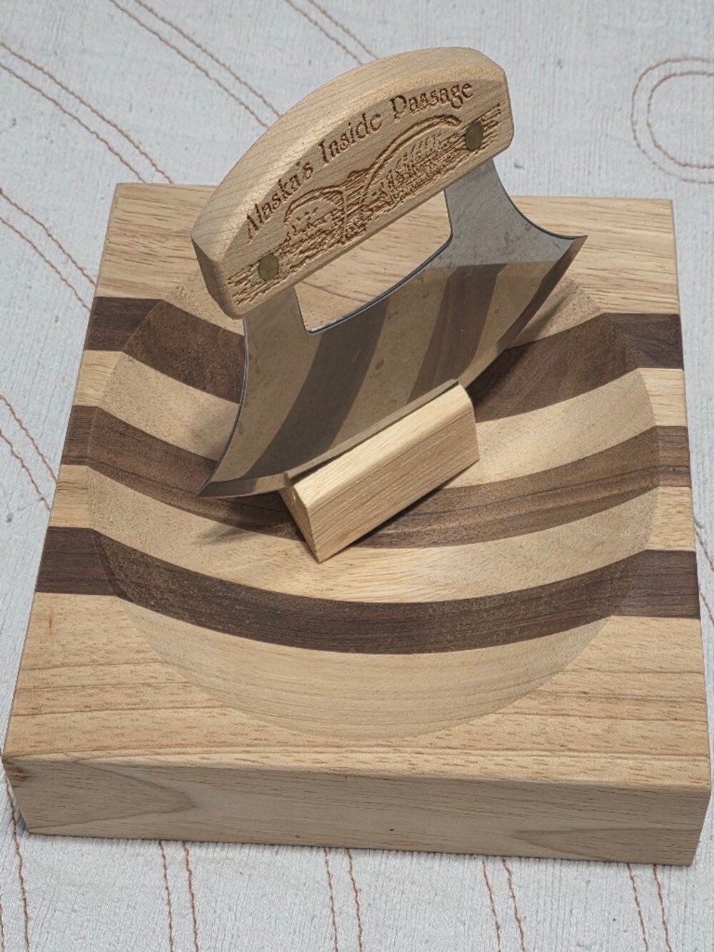 Authentic Alaskan Ulu Factory Striped Wood Chopping Bowl, Cutting Board & Knife